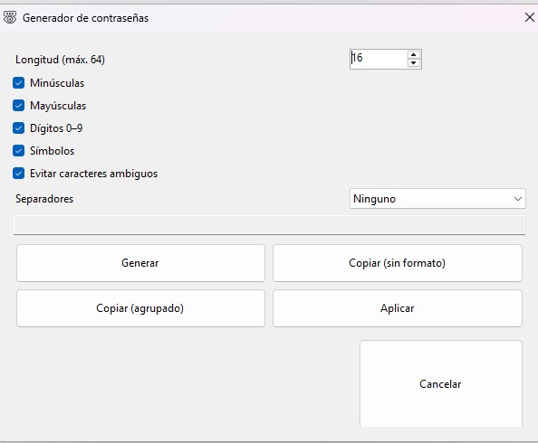 Generador de contraseñas StickSafe con 24 caracteres, símbolos y opciones para crear claves cifradas seguras