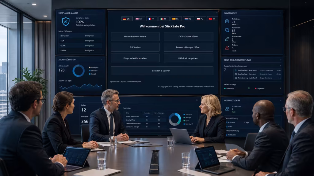 Datensicherheit für Grossunternehmen mit StickSafe Pro, Rollenrechten, Freigaben und Notfallzugriff auf sicheren Dashboards