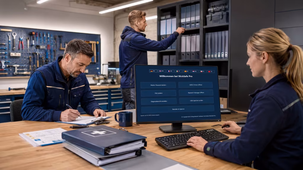 Datensicherheit für KMU mit StickSafe Pro im Werkstattbüro, sicherem Bildschirm, Notfallordner und klaren Zuständigkeiten
