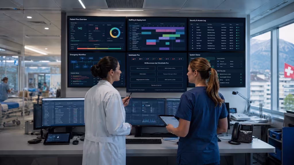 Datensicherheit für Praxen und Spitäler mit StickSafe Pro, sicheren Patientendaten, Zugriffsprotokollen und Notfallabläufen