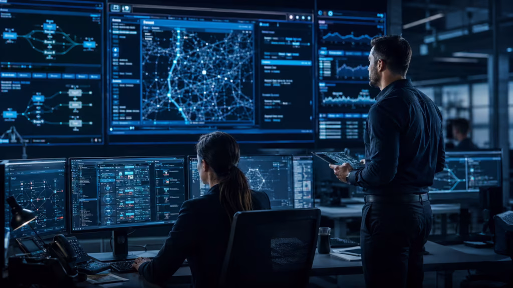 Datensicherheit für Einsatzkräfte mit StickSafe Pro in einer modernen Leitstelle, sicheren Monitoren, Einsatzdaten und klaren Zugriffsregeln