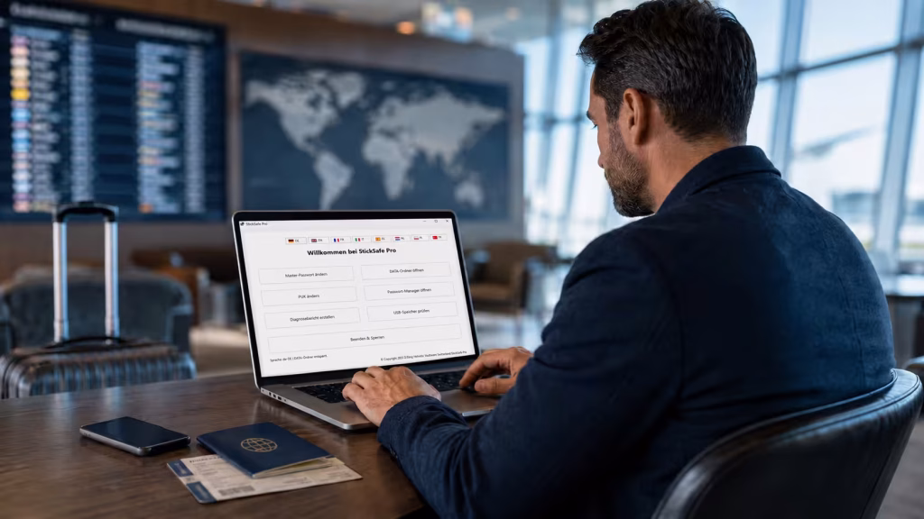 Datensicherheit für Reisende mit StickSafe Pro in einer Flughafen-Lounge, sichere Dokumente, Reisepass und Notfallkontakte
