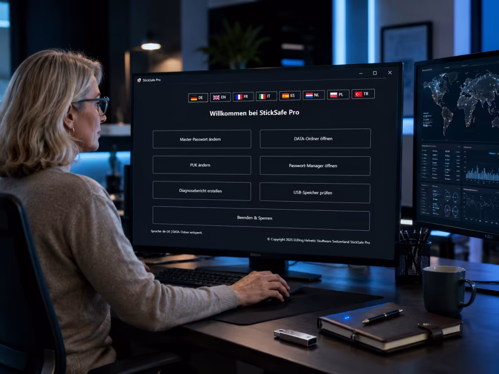 Offline Dokumentensafe mit StickSafe Pro auf Bildschirm, sichere Datenverwaltung, USB-Speicherung und verschlüsselte Unterlagen