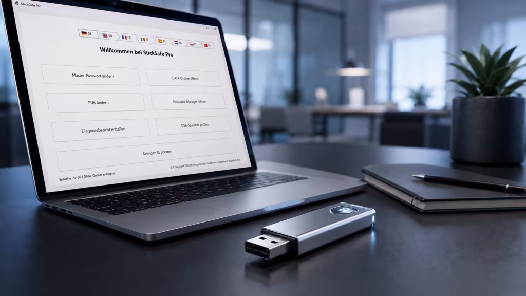 Laptop mit StickSafe Pro Oberfläche, verschlüsselte Ordnerstruktur, USB-Speicher und Symbol für sichere Offline-Datenablage