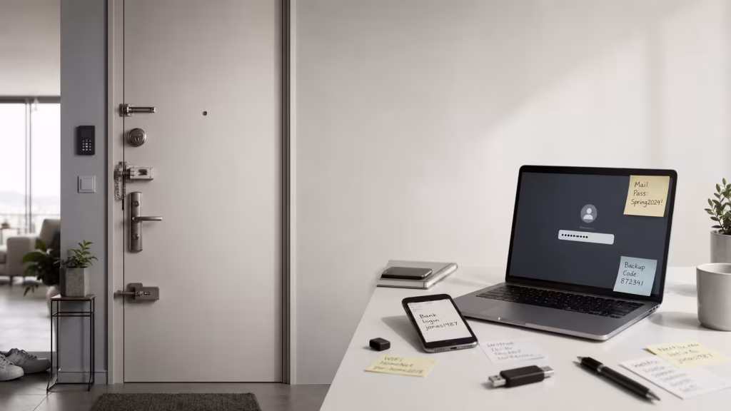 Gesicherte Wohnungstür im Vergleich zu unsicher abgelegten Passwörtern auf Laptop und Notizen